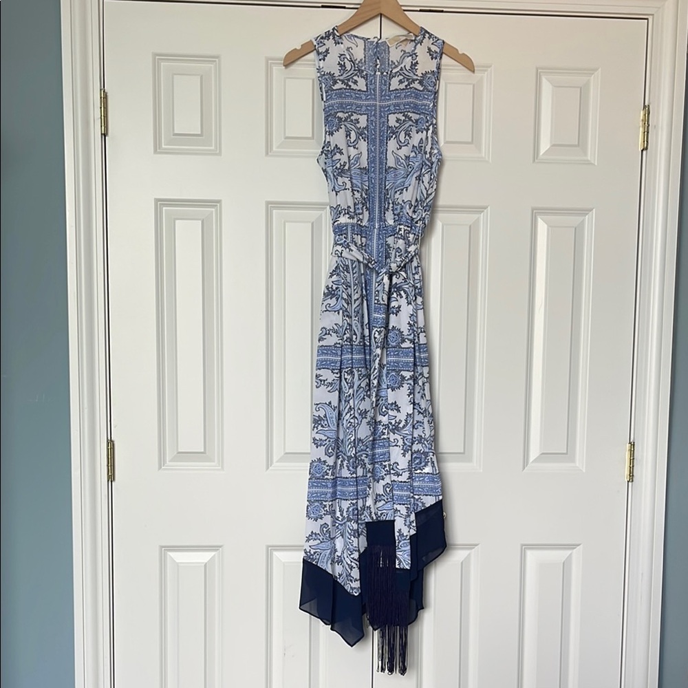 Michael Kors Paisley Hankerchief Hem Blue and White Sleeveless Dress
